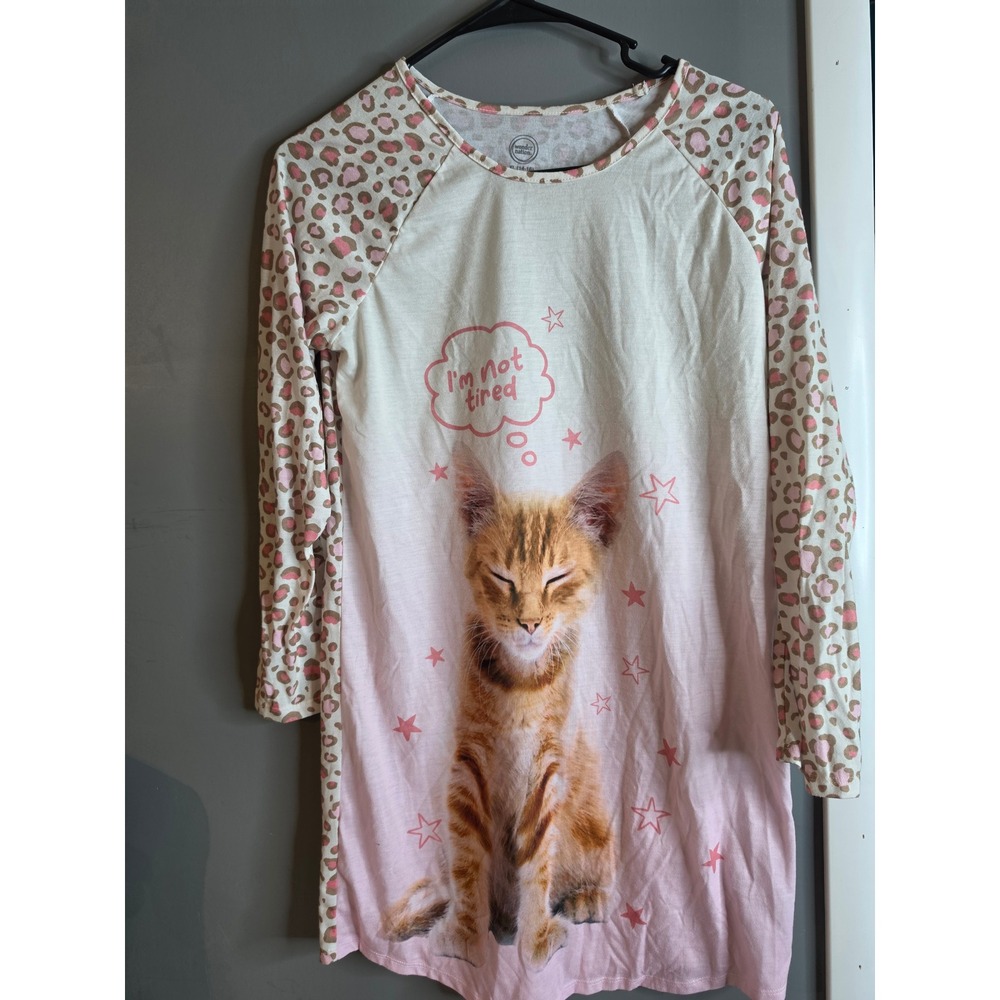 Wonder Nation Girls Cat Leopard Nightgown Sleep Shirt XL 14-16 Pink Cream